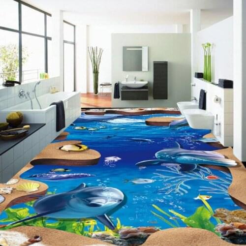 Free Shipping Custom 3D Stereo Sea World Dolphin Floor Painting self-adhesive wear PVC floor wallpaper mural