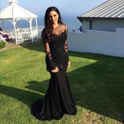 Scoop Neckline Long Sleeves Black Prom Dresses Memraid Plus Size Illusion Lace Applique Evening Gowns Formal Dresses