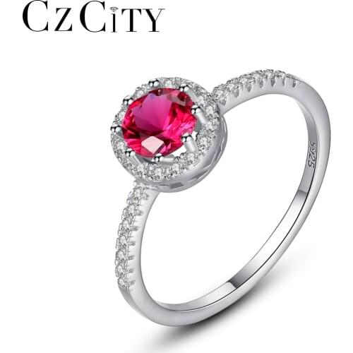 CZCITY 100% 925 Sterling Silver Engagement Red Gemstone Rings for Women Girls Wedding Party Finger Rings Fine Jewelry SR0324