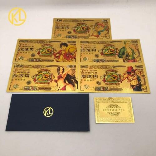 5 pcs Japanese Anime classic ONE PIECE Cartoon Gold color Banknote for nice childhood memory Collection