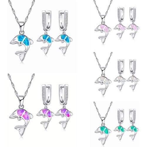 Fashion Dolphin Jewelry Set Cute Animal Blue Imitation Fire Opal Zircon Necklace With Earrings For Women Jewelry Accessories