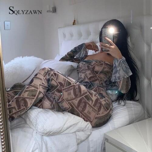 Sexy Transparent Dollar Print Tracktsuit Female Vintege Long Sleeve Bodysuit and Leggings Slash Neck Party Club 2 Piece Outfits
