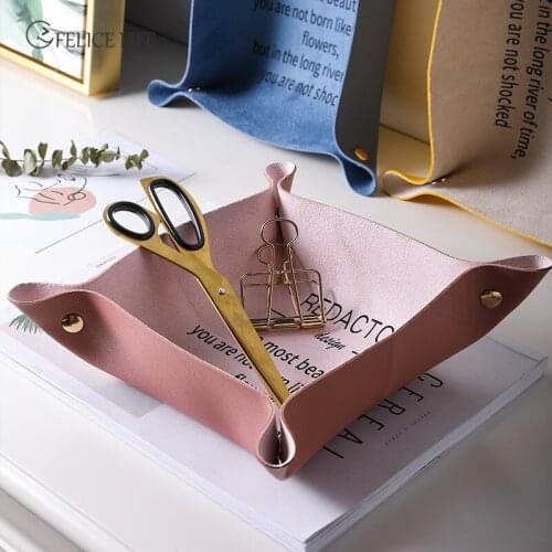 Square PU Storage Tray Keys Coins Holder Storage Box Sundries Plate Pan Home Office Table Desktop Folding Dish Organizer