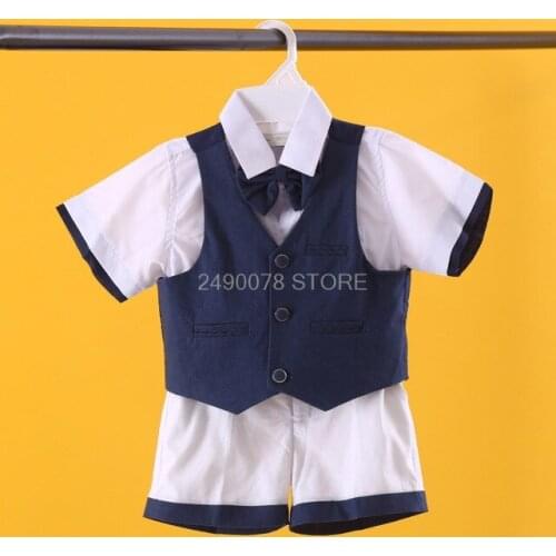 Boys Summer 1Year Birthday Dress Kids Formal Party Suit Piano Performance Costume Flower Boys Wedding Suit Shirt Vest Shorts