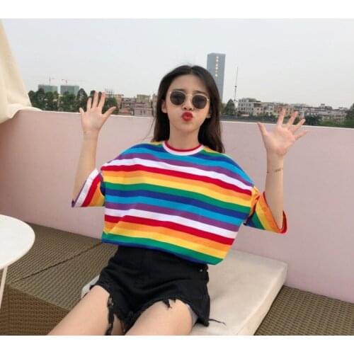 2019 Summer New T Shirt Women Rainbow Striped Tops Tshirt Short Sleeve Korean Punk T-shirt camiseta feminina