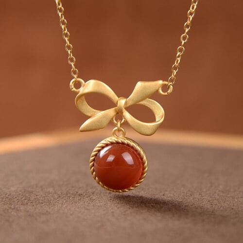 Original S925 Sterling Silver Gold Southern Red Agate Personality Bow All-Matching Graceful Ladies Clavicle Pendant Set Chain