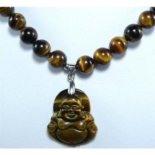 Tiger eye stone necklace Buddha/Guanyin lucky pendant