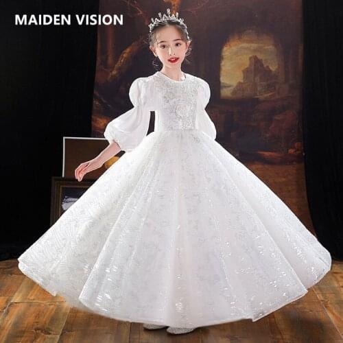 White Sequins Kids Dresses For Party Wedding Dress Children Pageant ball gown Long sleeve Tulle Dress for Girls Clothing