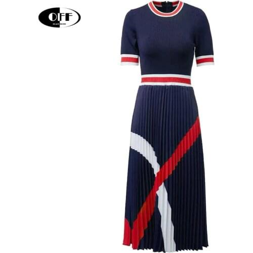 Designer Casual Office Work OL Midi Dress Summer Stripe Knitted Patchwork Elegant Elasticity Chic Korean Pleated Dress Vestidos
