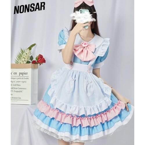 NONSAR Cosplay Lolita Dress Womens Maid Service Blue Pink And White Ribbon INS Hot Sale New Japanese Cute Sweet Sexy Dress