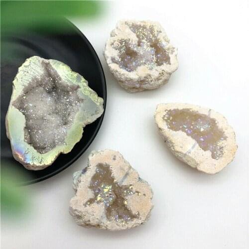 Drop Shipping 1pc Electroplated White Titanium Aura Agate Quartz Cluster Crystal Points Geode Specimen Decor Natural Stones