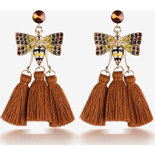 MANILAI Women Rhinestones Bee Earrings With Tassel Bohemia Cotton Thread Fringe Dangle Insect Crystal Earrings Statement Jewelry