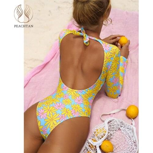 Peachtan Floral print one piece swimsuit women O neck swimwear female Backless monokini Long sleeves bodysuit bathing suit 2021