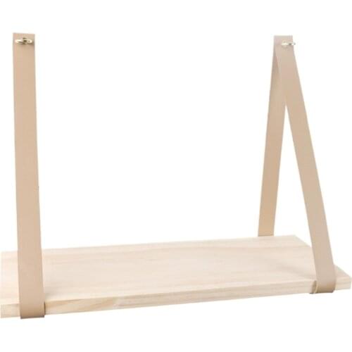 Wall Wood Floating Frame Storage Holder Hanging Shelf Leather Strap Swing Decor
