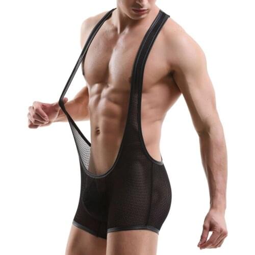 Mesh Undershirts Leotard Men Bugle Pouch Elastic Bodysuits Boxers Fitness Sports Workout Jumpsuits Underwear Sleepwear Swimwear