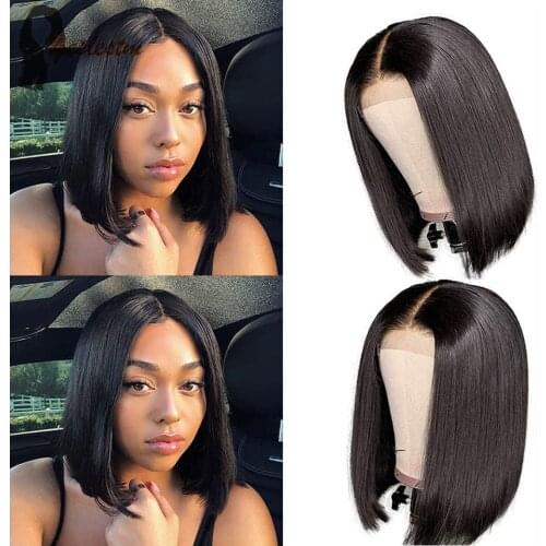 Yeslestm Straight Bob Wig Lace Front Human Hair Wigs 4x4x1 T-part 14 Inch Human Hair Bob Wig For Black Women Natural Color Hair