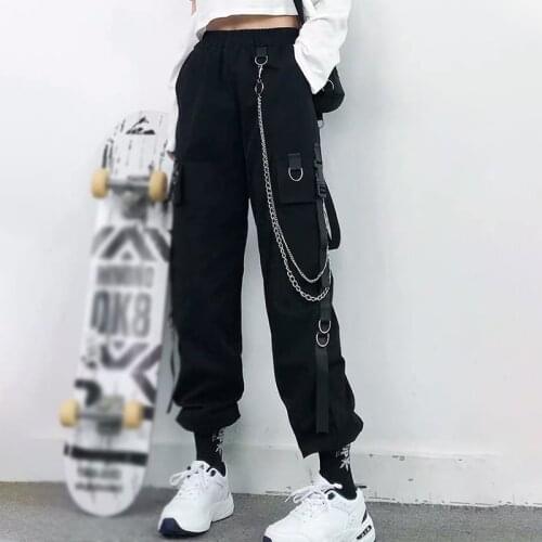 Ladies overalls 2021 fashionable punk pocket jogging pants with chain Harajuku elastic band high waist streetwear