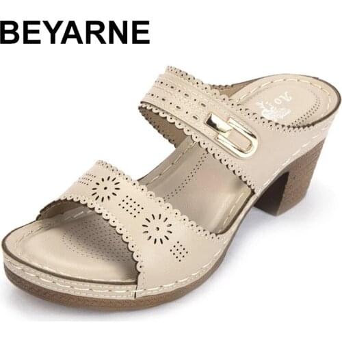 BEYARNE Shoes Woman 2021 Female Slippers Low Big Size Mules Sexy New Heels Basic Fabric Rome Scandals High PU Slides Hoof Shoes