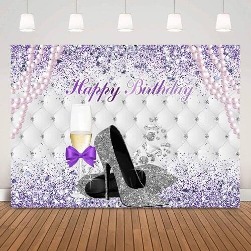 Woman Happy Birthday Party Backdrop Decoration Sliver Diamond Glitter High Heels Background Pearl Custom Photography Backdrops