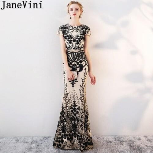 JaneVini 2019 Black Sequined Lace Gold Bridesmaid Wedding Party Dresses for Women Floor Length Mermaid Prom Long Elegant Dresses