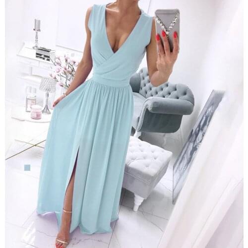 Formal Evening Party Dress Women Sexy V-neck Summer Dress 2021 Elegant Split Maxi Dress Vintage Solid Color Robe Femme