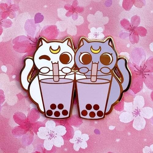 Luna and Artemis Cat Drink Boba Hard Enamel Pins Cute Cartoon Bubble tea Lapel Pin Jacket Jeans Badge Brooch Fashion Accessories