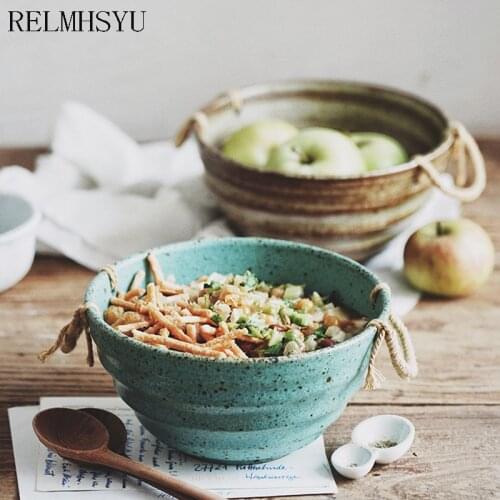 1PC RELMHSYU Japanese Style Retro Twine Double Ear Soup Ramen Rice Vegetable Fruit Bbowl Restaurant Household Tableware