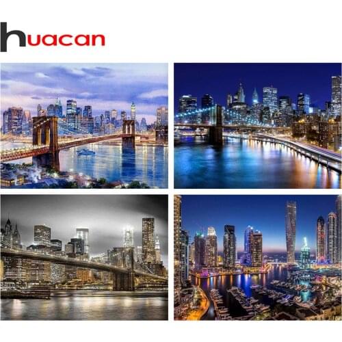 Huacan Full Diamond Embroidery City 5D Diamond Painting Cross Stitch Bridge Mosaic Landscape Beaded Pictures Creative Hobbies