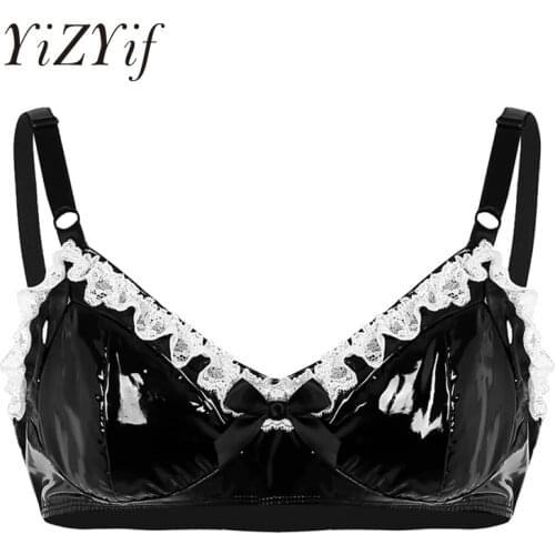 YiZYiF Mens Bra sexy underwear men Wetlook Faux Leather Bra Top Spaghetti Straps Lace with Bowknot Bra fetish gay men underwear