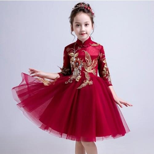 2019 Fashion Retail Black Elegant Lace Embroidery Appliques Keen-Length Flower Girls Dress With Shine Girls Evening Party Dress