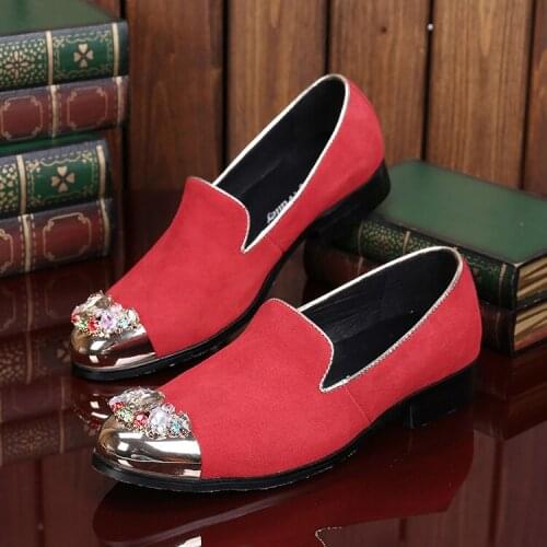 Christia Bella Red Suede Leather Male Slip on Shoes Fashion Mens Rhinestone Party Shoes Large Size Man Classical Wedding Shoes