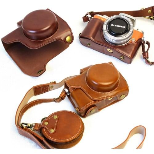Deluxe Edition PU Leather Camera Bag Case Cover For Olympus EPL8 E-PL8 14-42mm 40-150mm Lens With Strap Open Battery Design