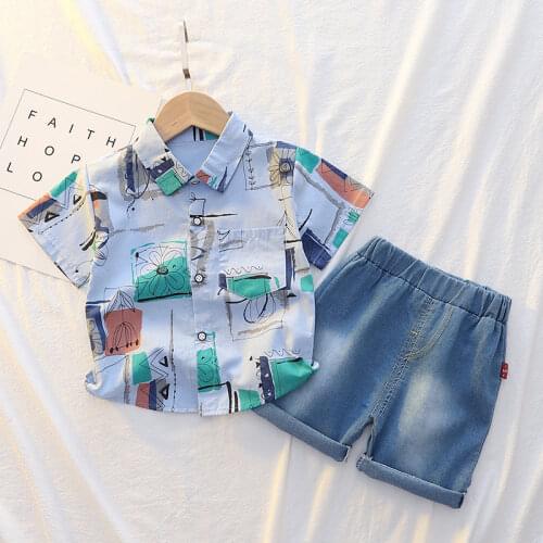 Children Cotton Clothes Summer Baby Boy Short Sleeve Printe Shirts Denim Short Pants 2Pcs/sets Infant Kids Toddler Tracksuits