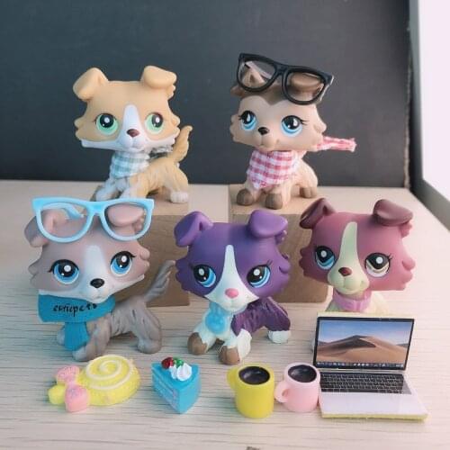 Pet Shop 5pcs Collie Dog Blue Eyes Rare With 11pcs Accessories Bone bowknot With Magnet For your children Best Gift