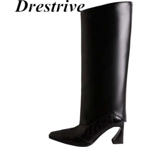 Drestrive Women Knee High Boots Pointed Toe Cow Leather Black Crystal Tassel 2021 Winter High Heel Shoes Stone Pattern
