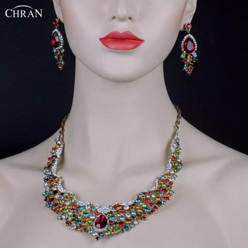 CHRAN Classic Gold Color Shining Drop Crystal Wedding Jewelry Set for Bridal Costume Statement Party Jewelry Set for Ladies Gift
