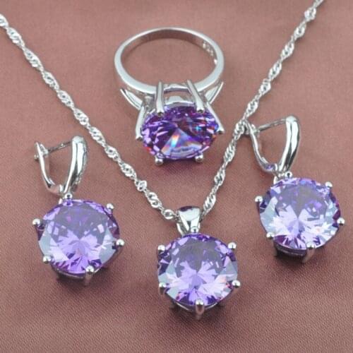 Natural Purple Crystal Womens Silver Plated Jewelry Sets Wedding Jewelry Pendant Earrings Ring Free Gift Box TZ0108