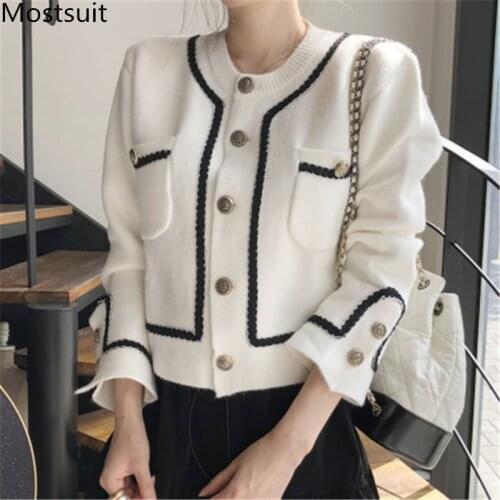 Korean Vintage Single-breasted Women Cardigan Sweater 2020 Autumn Winter Pockets Long Sleeve O-neck Elegant Ladies Tops Jumpers