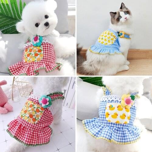 Cat Princess Dress Summer Pet Dog Clothes Plaid Flower Print Chihuahua Pomeranian Puppy Small Cats Sling Dress Pets Supplies