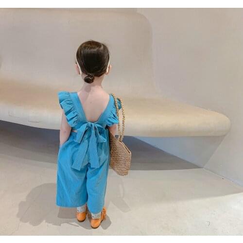 Girls summer fashion cool fly sleeve backless bowknot coveralls kids cotton cool loose wide leg jumpsuits
