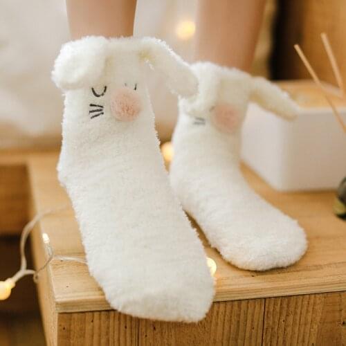 Sweet 2 Pairs Cute Cartoon White Rabbit Fluffy Socks Women Anti-skid Pink Floor Socks Winter Thick Warm Home Bed Fur Socks Cheap