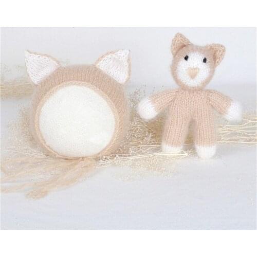 Crochet Mohair cat hat Newborn kitten bonnet with toy Baby kitty hat matching toy set photography props