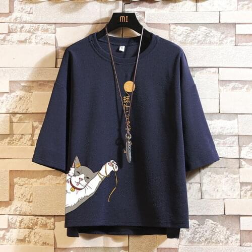 Mens Summer 3/4 Sleeve Round Neck T-shirt Cartoon Pattern Printing Top Loose Casual Plus Size 5xl Z33