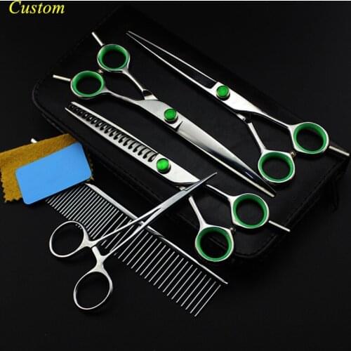 Custom 5 kit japan steel 7 inch green Pet dog grooming hair scissors cutting shears thinning barber hairdressing scissors set