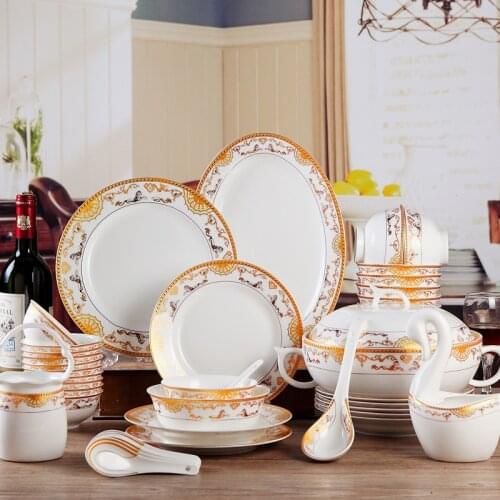 60 pieces Bone China Golden edge tableware set Jingdezhen ceramic bowl dish spoon bowl gift box high grade gift