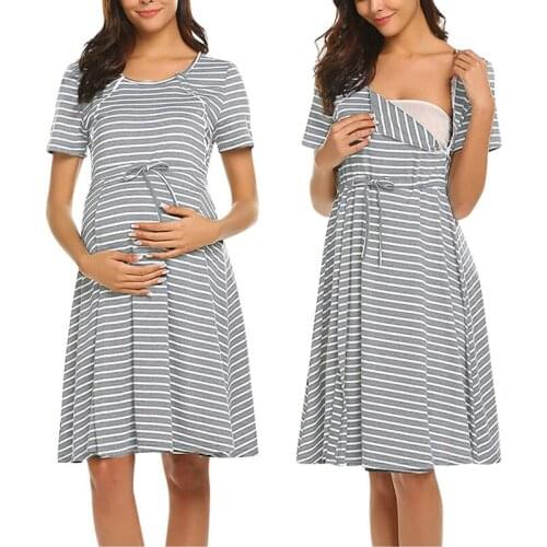 Summer New Style mom Casual Short-sleeved Dress Explosive Cotton Striped Maternity Dress Short-sleeved Waist Breastfeeding Dress