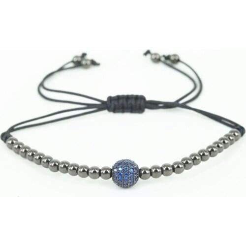 New Fashion Men Bracelets, Black 4mm Round Beads & 8mm Micro Pave Black CZ Beads Briading Macrame Bracelet Men Jewelry,Gift