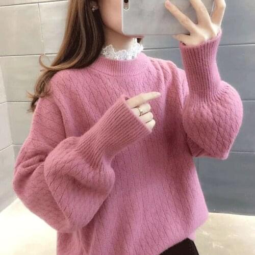 2020 Autumn Winter New Fake Two-Piece Lace Sweater Pullover Womens Korean Lazy Loose Thicken Warm Clothes Female Tops