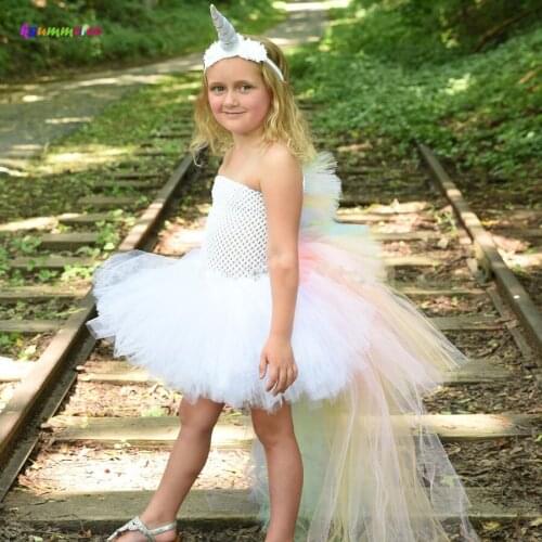 Pastel Unicorn Bustle Tutu Dress Girls Birthday Photo Prop Dress Up Costume Rainbow Pony Mane Children Dress with Train Tail