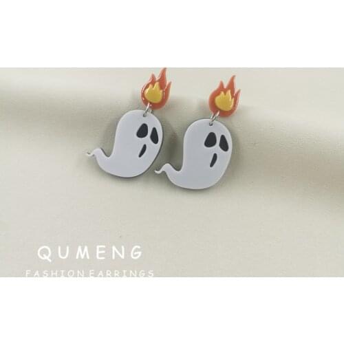 QUMENG Popular Fashion Wacky Fun Halloween Flame Ghost Acrylic Pendant Earrings Lovely Woman Girl Holiday Party Jewelry Gifts